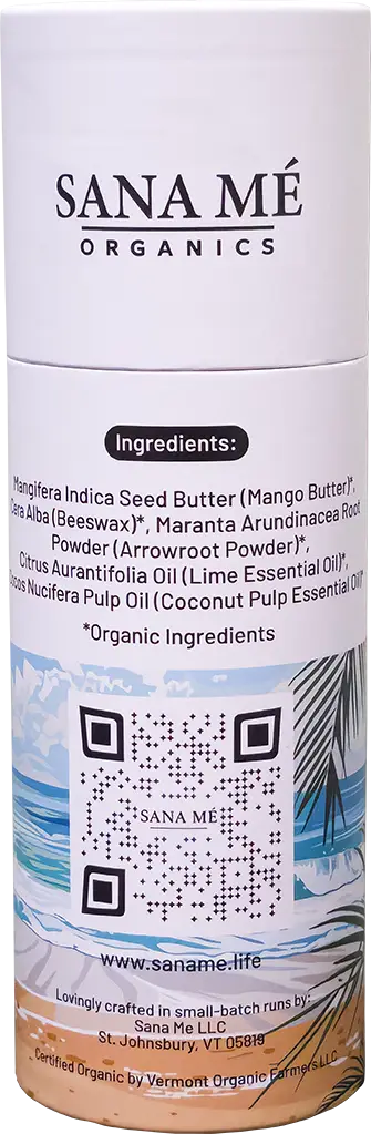 Back label of Sana Me Organics Lime in the Coconut organic deodorant showing ingredients