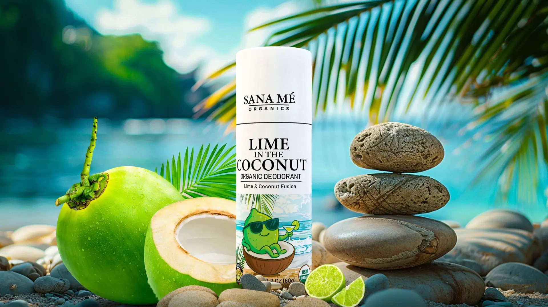 Lime in the Coconut Organic Deodorant 1 Sana Me Organics Lime in the Coconut organic deodorant styled with fresh citrus and coconut