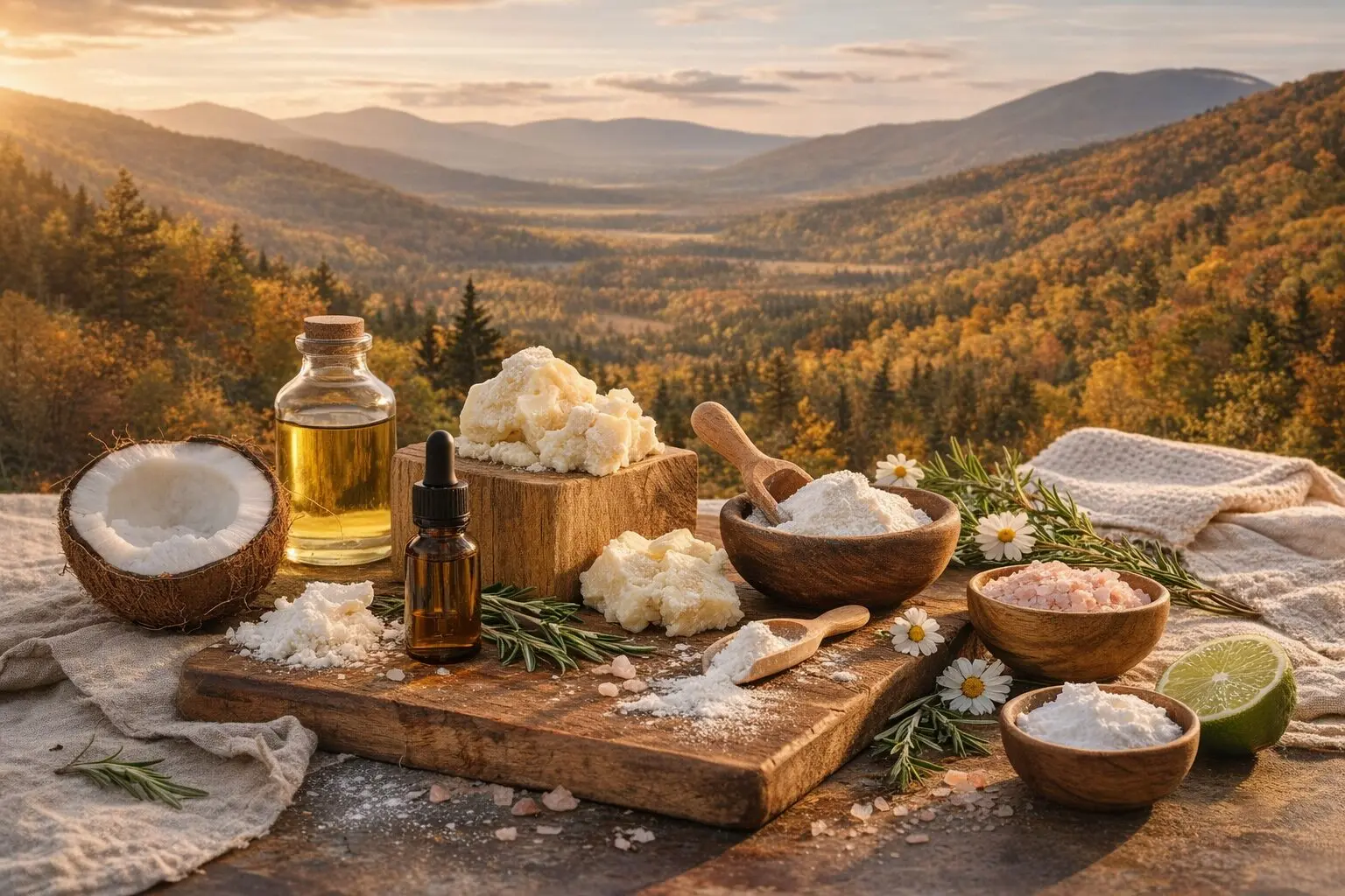 Organic ingredients used by Sana Me Organics displayed in a natural Vermont setting
