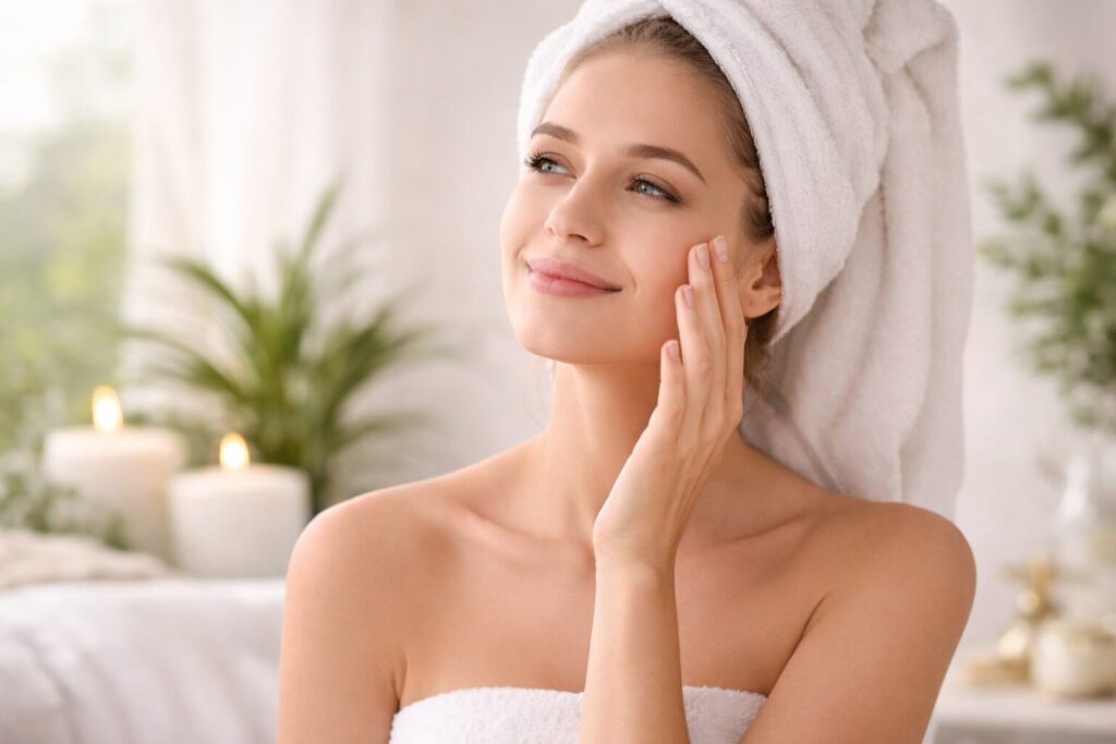 Woman applying skin cream